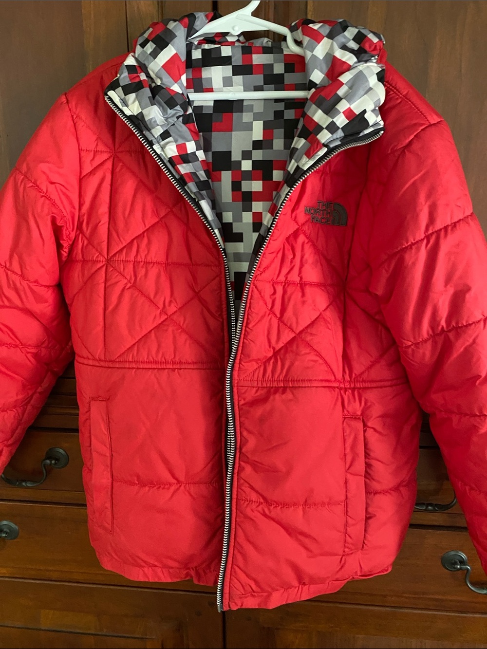 The North Face Kids Red Quilted Puffer Jacket with Pixel Hood Lining
